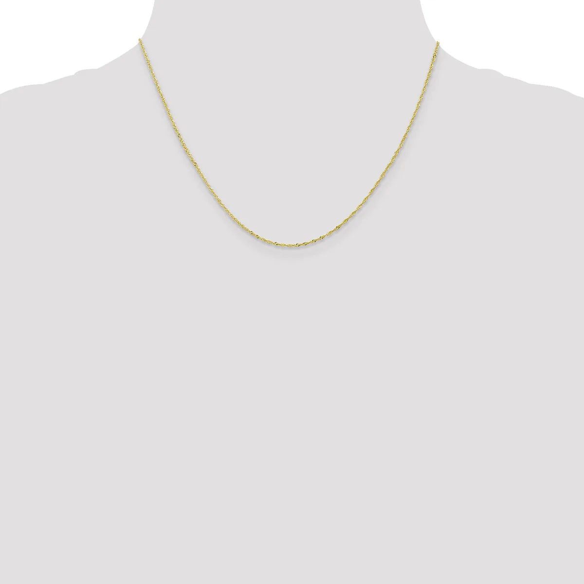A thin gold-toned chain necklace displayed on a mannequin bust against a white background.