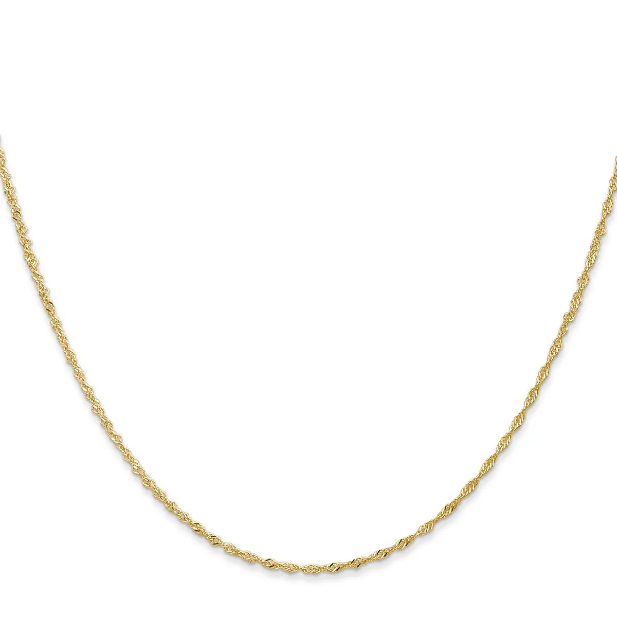 A twisted gold-toned chain necklace displayed against a white background.