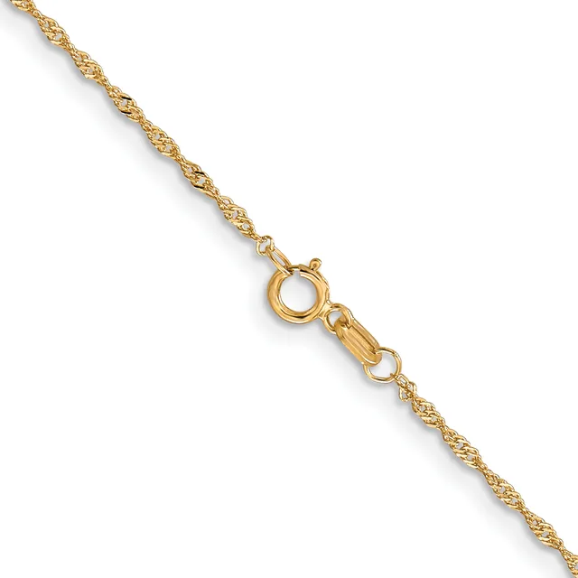 A gold twisted rope chain with a spring ring clasp and jump ring, displayed against a white background.