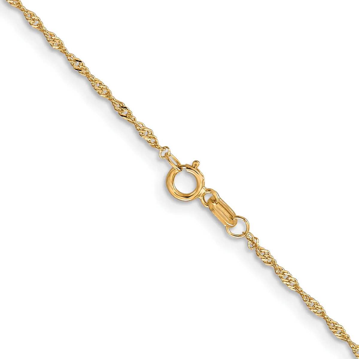 A gold twisted rope chain with a spring ring clasp and jump ring, displayed against a white background.