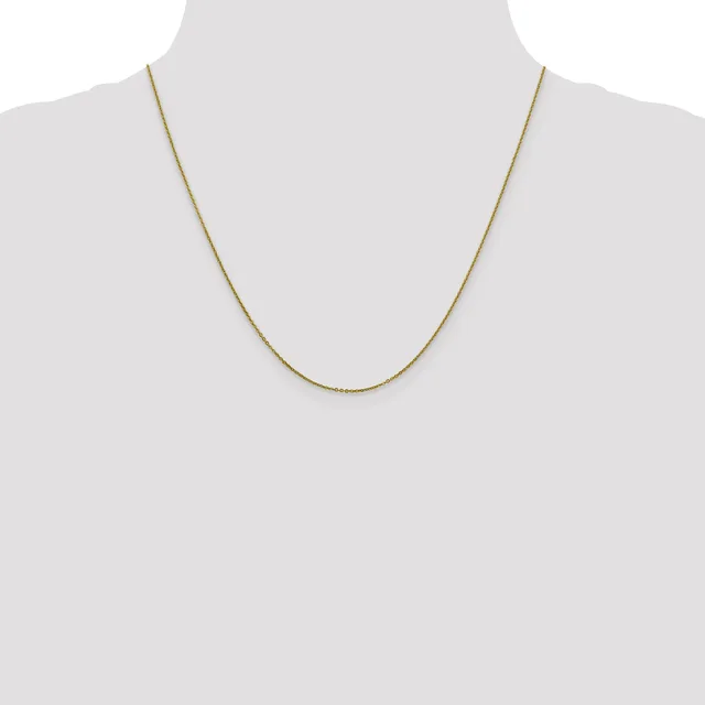 A thin gold-toned chain necklace displayed on a mannequin bust against a white background.