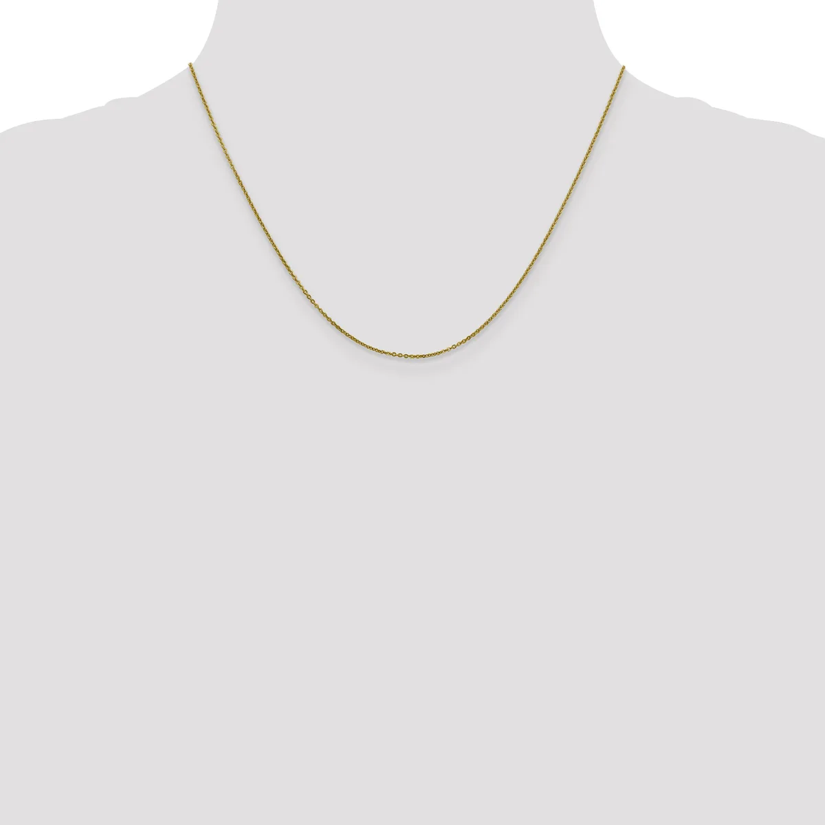 A thin gold-toned chain necklace displayed on a mannequin bust against a white background.