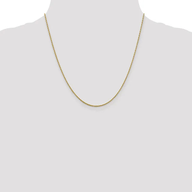 A thin gold-toned chain necklace displayed on a mannequin bust against a white background.