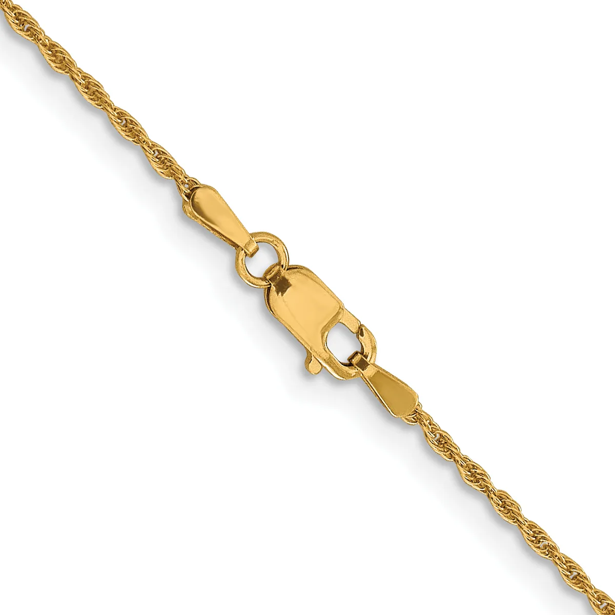 A gold twisted rope chain necklace with a polished lobster claw clasp, displayed against a white background.