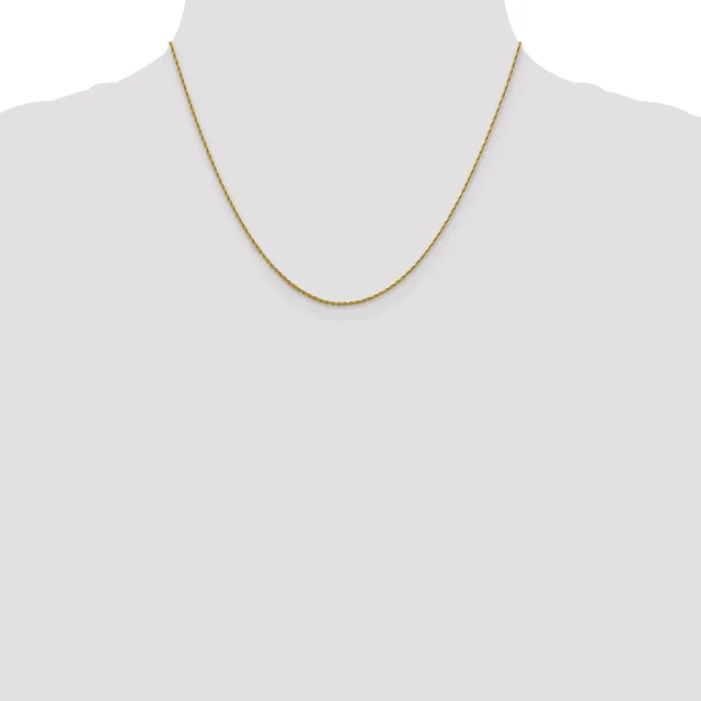 A thin gold-toned chain necklace displayed on a mannequin neck form against a white background.