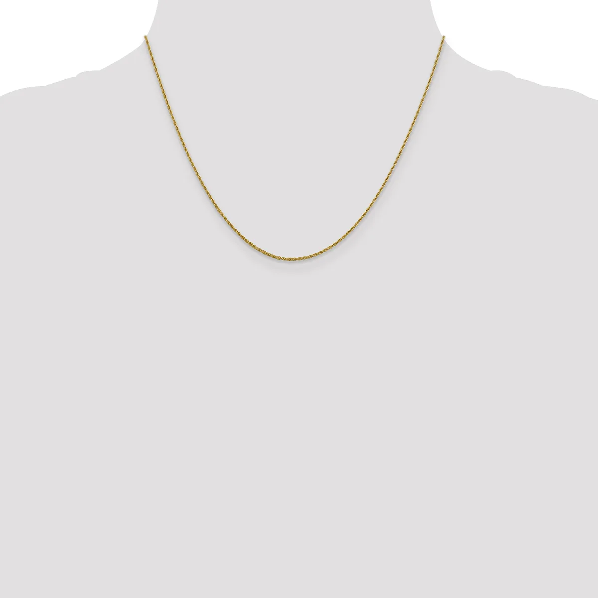 A thin gold-toned chain necklace displayed on a mannequin neck form against a white background.