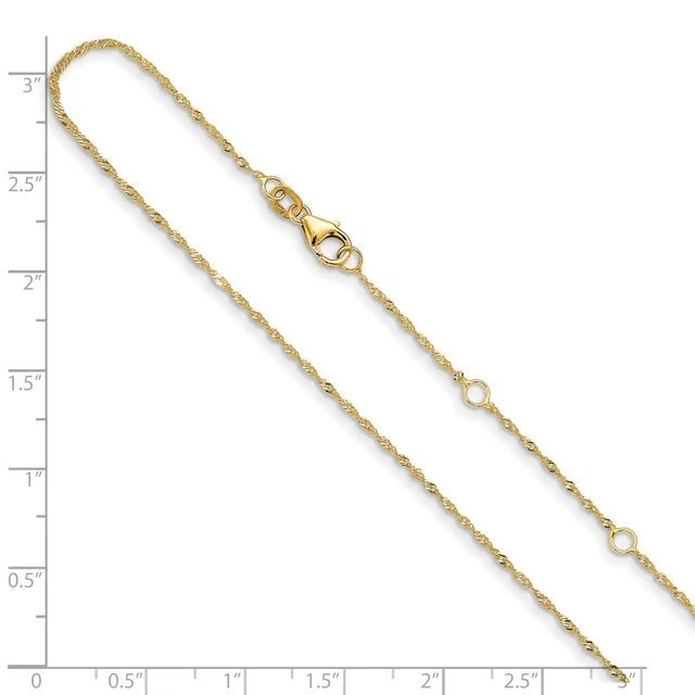 A gold-toned twisted rope chain with a lobster clasp at one end, displayed against a ruler showing measurements up to 3 inches.