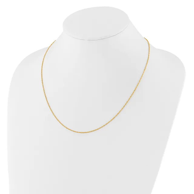 A thin gold-toned chain necklace displayed on a white mannequin bust.