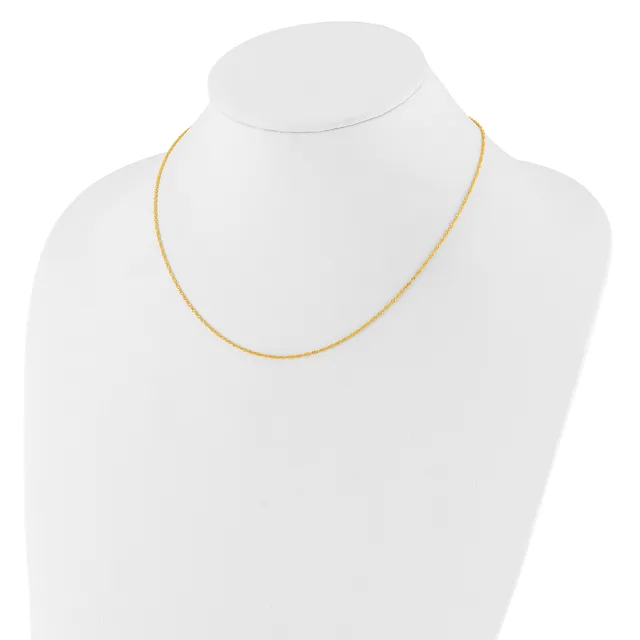 A thin gold-toned chain necklace displayed on a white mannequin bust.