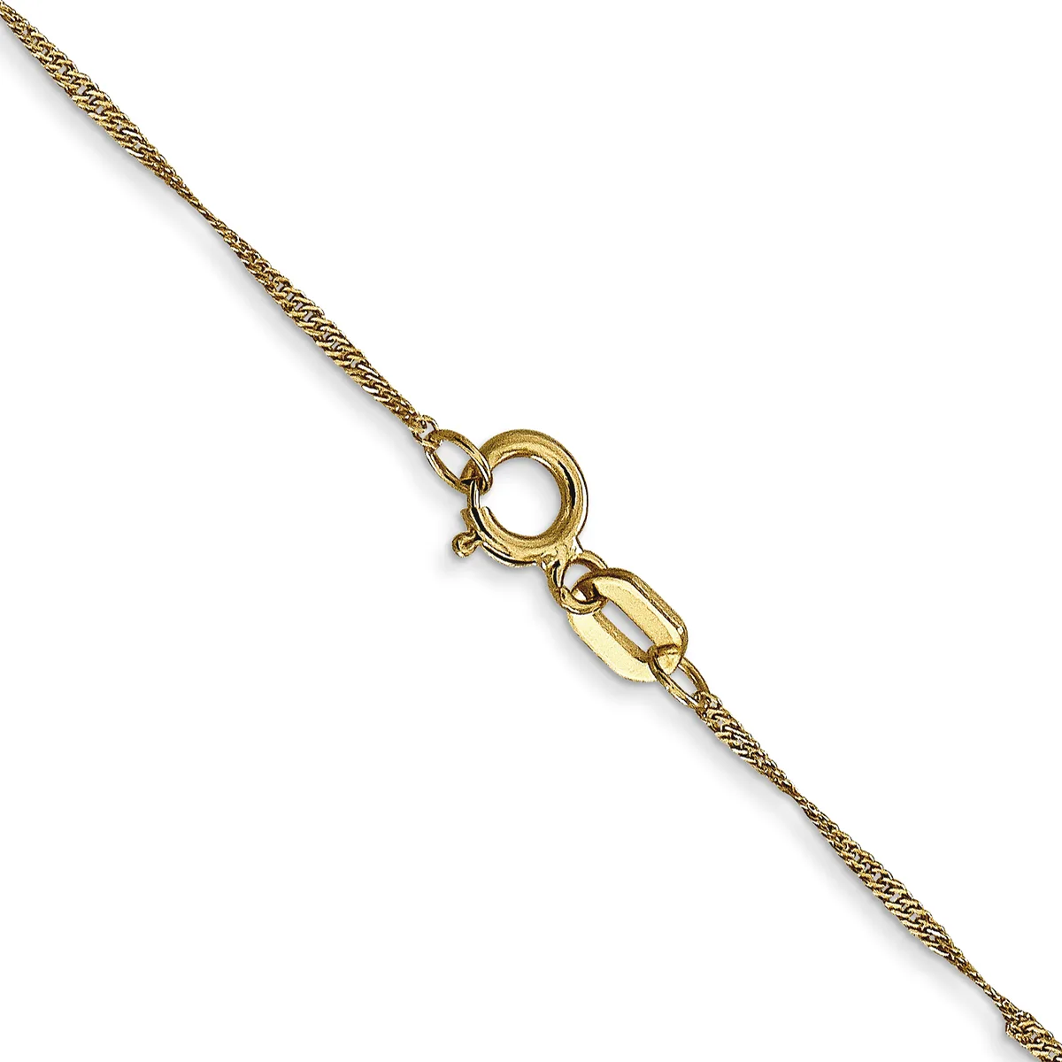A thin gold twisted chain with a spring ring clasp and rectangular link connector displayed against a white background.
