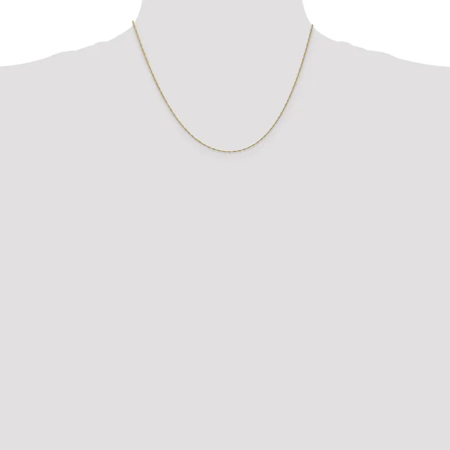 A thin gold-toned chain necklace displayed on a mannequin bust against a white background.