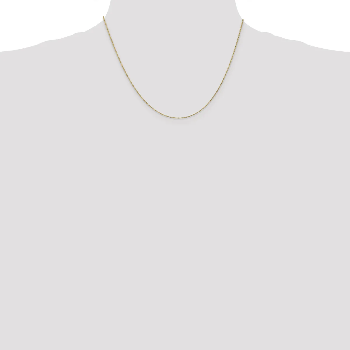 A thin gold-toned chain necklace displayed on a mannequin bust against a white background.