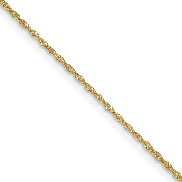 A twisted gold chain displayed diagonally against a white background.