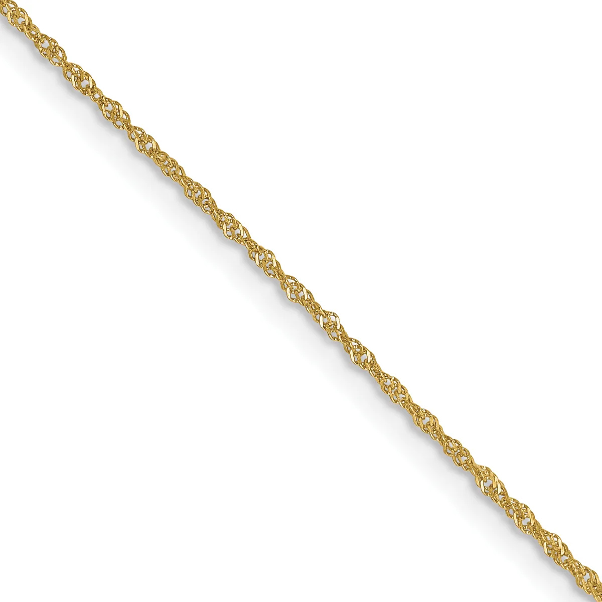 A twisted gold chain displayed diagonally against a white background.