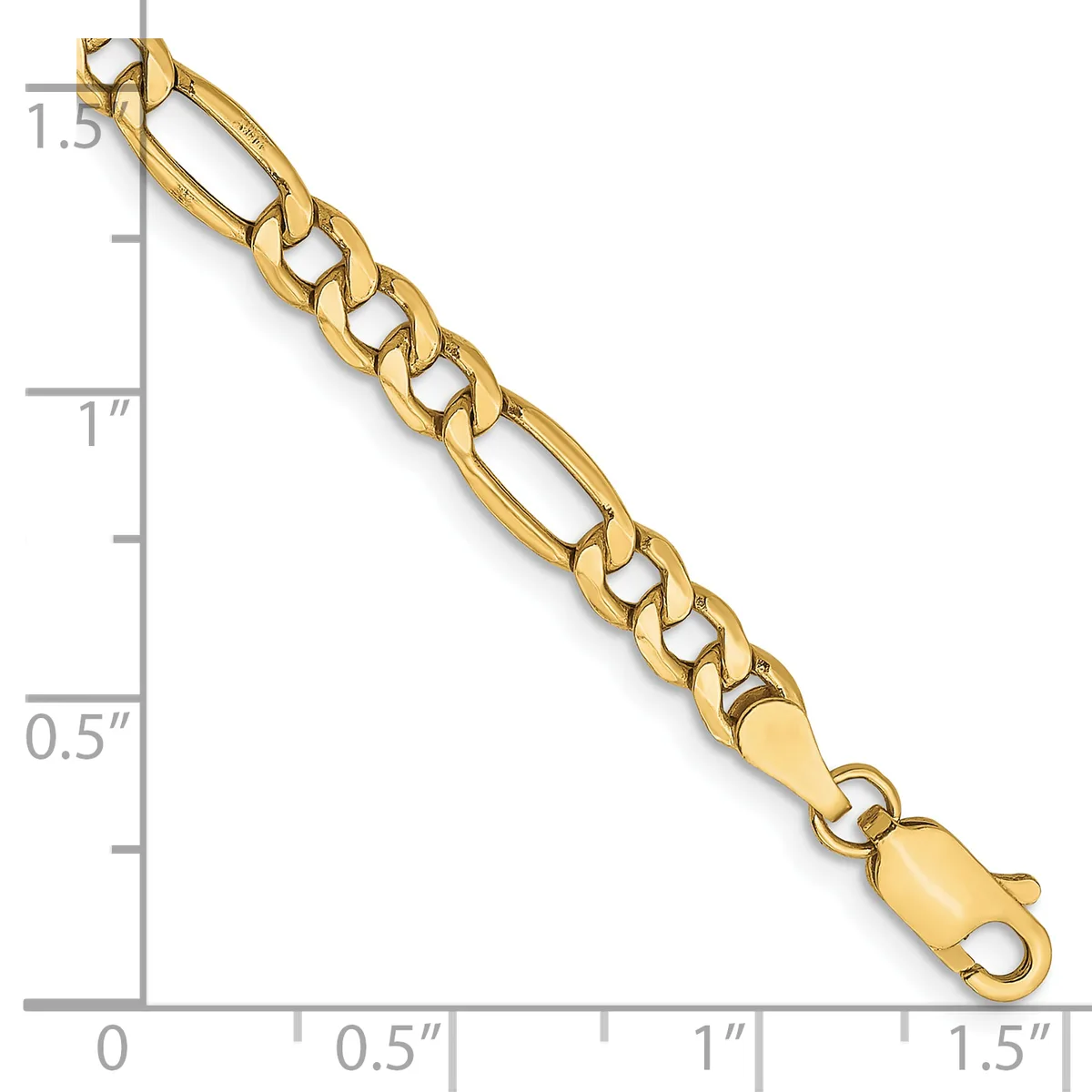 Gold-colored chain bracelet with alternating oval and rectangular links, displayed against a ruler showing it measures approximately 1.5 inches wide and 7-8 inches long.