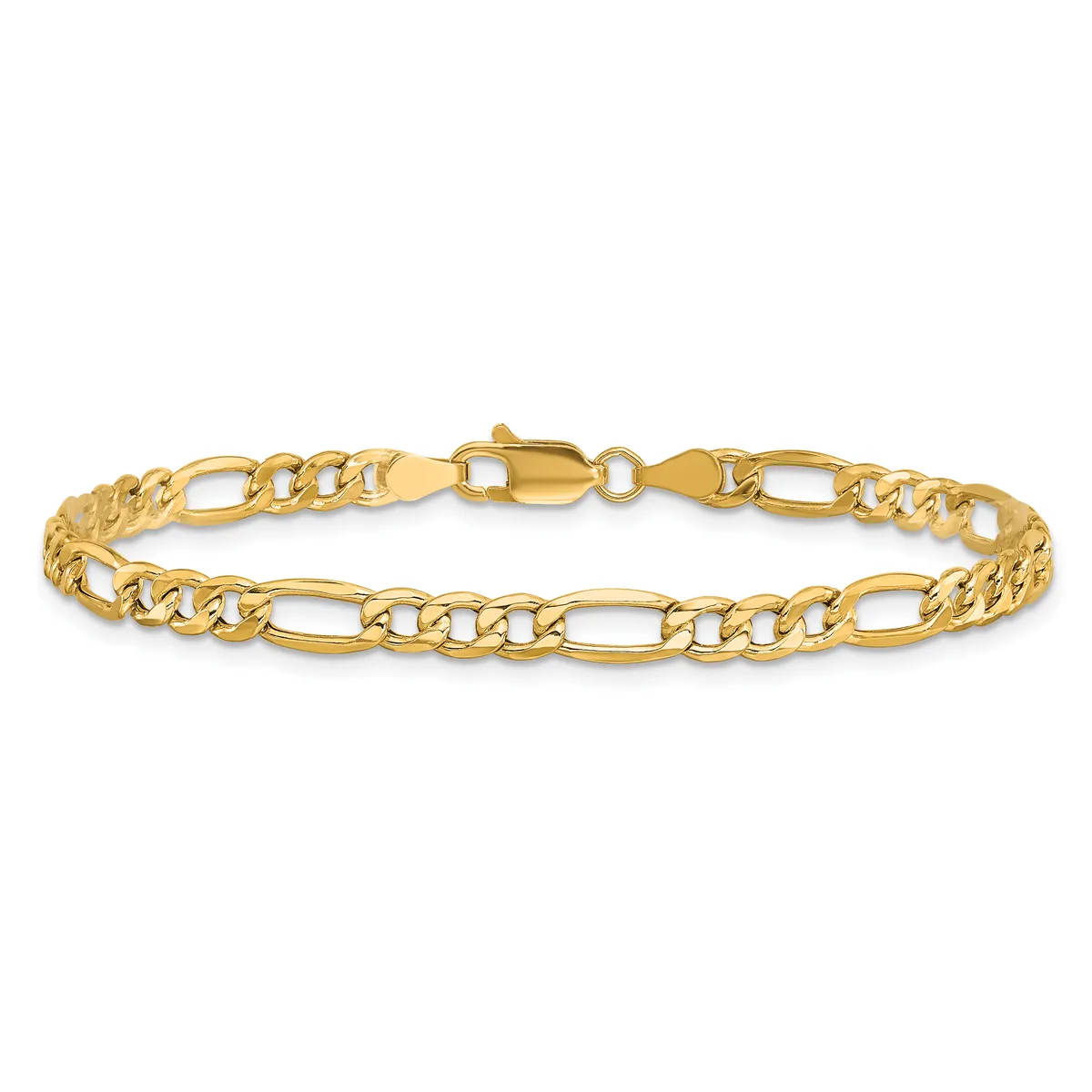 A gold figaro chain bracelet with alternating oval and curb links, displayed against a white background with a lobster claw clasp visible at the center.