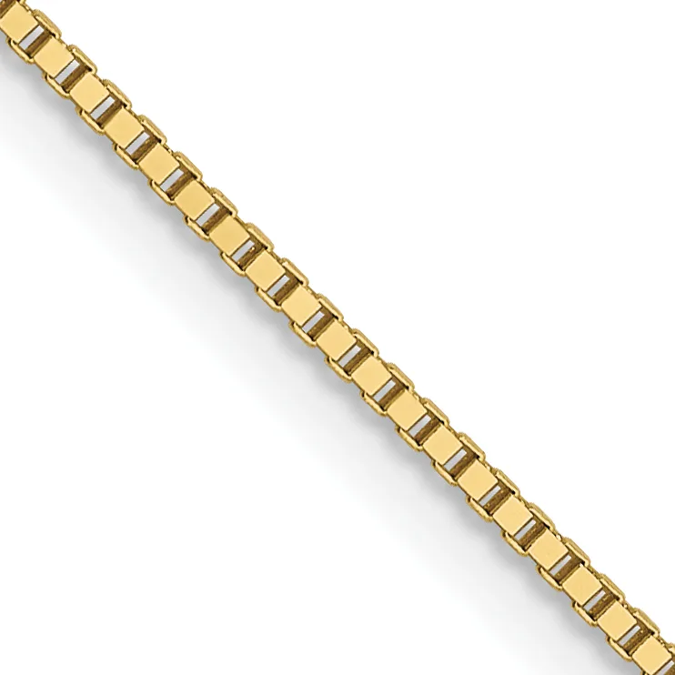 A gold-toned box chain bracelet displayed diagonally against a white background, showing uniform square links connected in a continuous line.