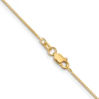 A gold box chain necklace with a lobster claw clasp, displayed diagonally against a white background.