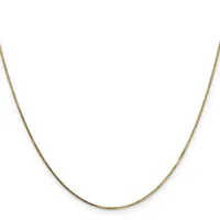 A thin gold chain necklace with a small box link pattern, displayed against a white background.