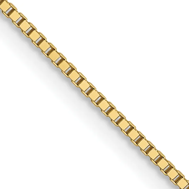 A polished gold-toned metal box chain bracelet displayed diagonally against a white background.