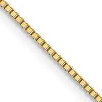 A polished gold-toned metal box chain bracelet displayed diagonally against a white background.