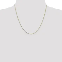 A thin gold-toned chain necklace displayed on a dress form mannequin against a white background.