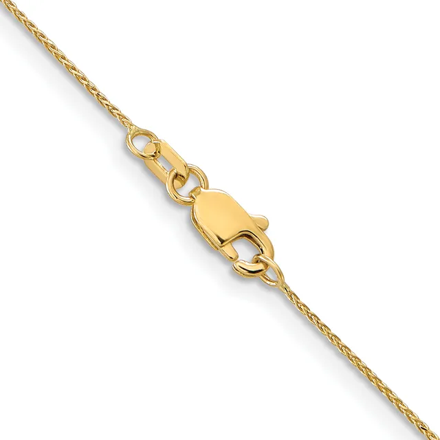 A thin gold chain with a lobster claw clasp fastener displayed against a white background.