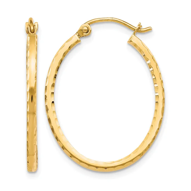 A pair of gold oval hoop earrings with a textured surface and hook closures, shown from the front and side.