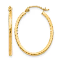 A pair of gold oval hoop earrings with a textured surface and hook closures, shown from the front and side.