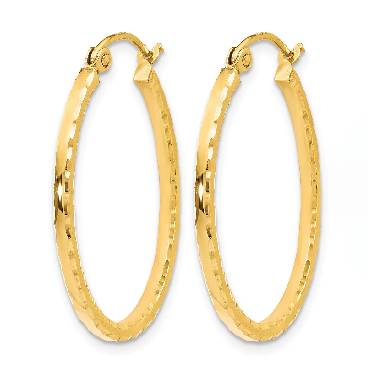 A pair of gold hoop earrings with a textured hammered finish and rounded hooks, displayed against a white background.