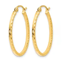 A pair of gold hoop earrings with a textured hammered finish and rounded hooks, displayed against a white background.