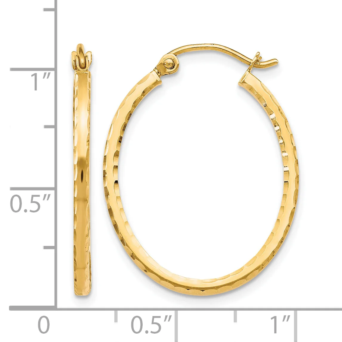 Gold oval hoop earrings with textured surface shown next to a measurement ruler indicating approximately one inch in length.
