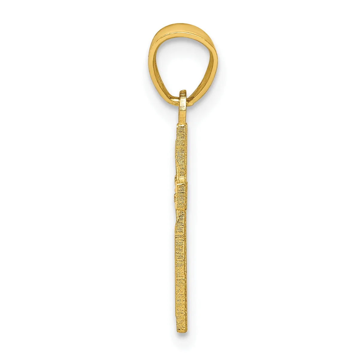 A gold pendant with an oval loop at the top and a long textured shaft with horizontal ribbed detailing throughout.