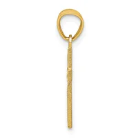 A gold pendant with an oval loop at the top and a long textured shaft with horizontal ribbed detailing throughout.