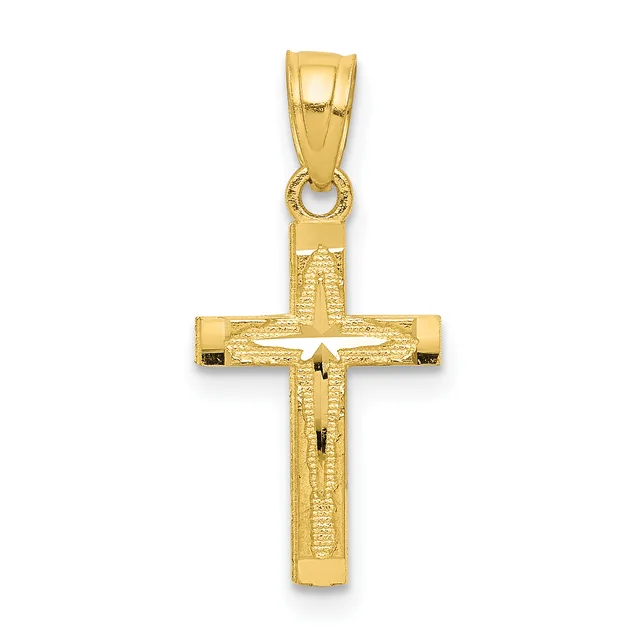 A gold cross pendant with textured surface and a small loop at the top for attaching to a chain or necklace.
