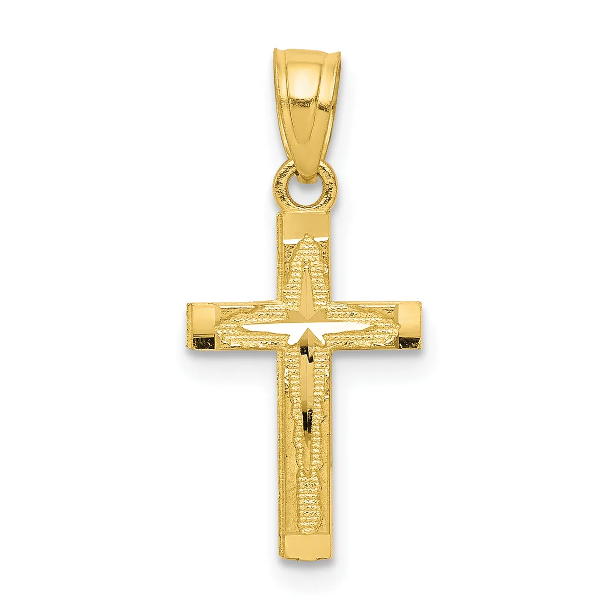 A gold cross pendant with textured surface and a small loop at the top for attaching to a chain or necklace.
