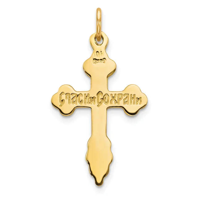 A gold cross pendant with ornate flared ends and Cyrillic text engraved across the horizontal bar, shown hanging from a thin loop.