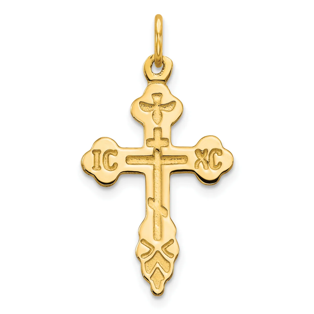 Gold cross pendant with ornate flared ends and decorative flourishes at the bottom, featuring initials on the horizontal arms and a loop at the top for hanging.