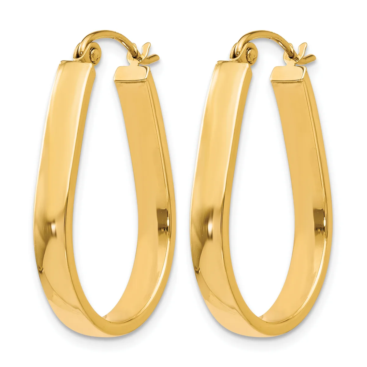 A pair of polished gold-colored oval hoop earrings with a curved rectangular profile and hook closures, shown from the front.