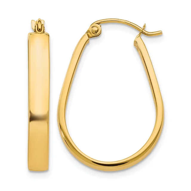 A pair of polished gold hoop earrings displayed side by side, showing the front view of one earring and a close-up side view of the other with its post and clutch closure.