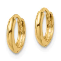A pair of polished gold hoop earrings with a chunky, rounded profile and hinged closures, shown from a front view against a white background.