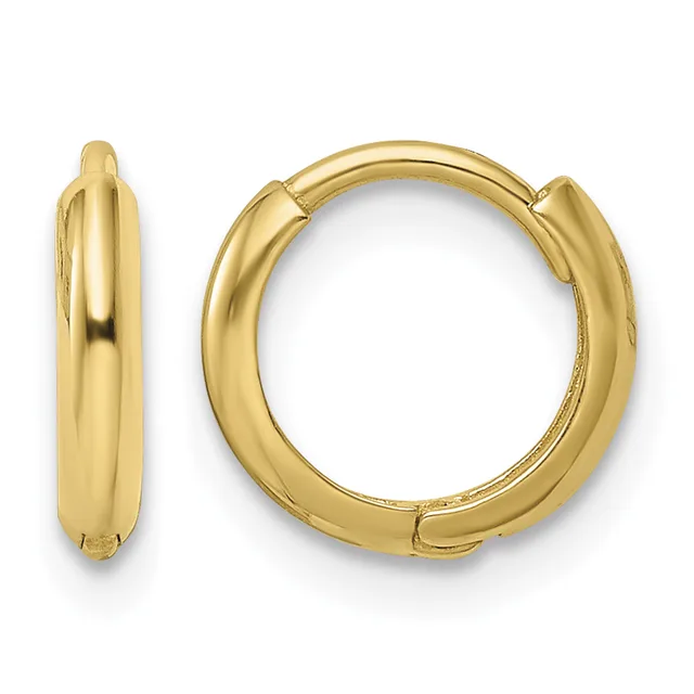 A pair of polished gold-tone hinged hoop earrings shown from front and side views.