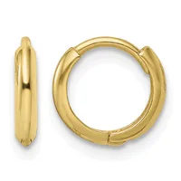 A pair of polished gold-tone hinged hoop earrings shown from front and side views.