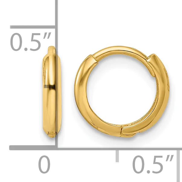 A pair of polished gold-colored hoop earrings with a hinged clasp closure, displayed front and side view with measurements showing 0.5 inches in diameter.