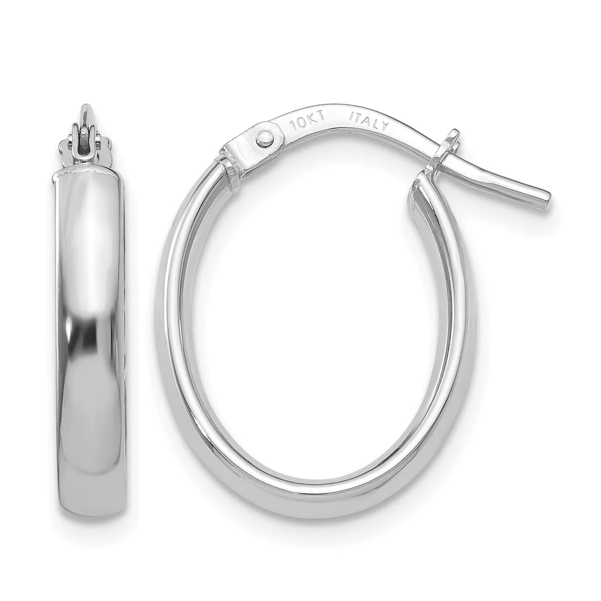 A pair of polished silver oval hoop earrings with a chunky, rounded profile and lever-back closures, shown from the front and side angles.