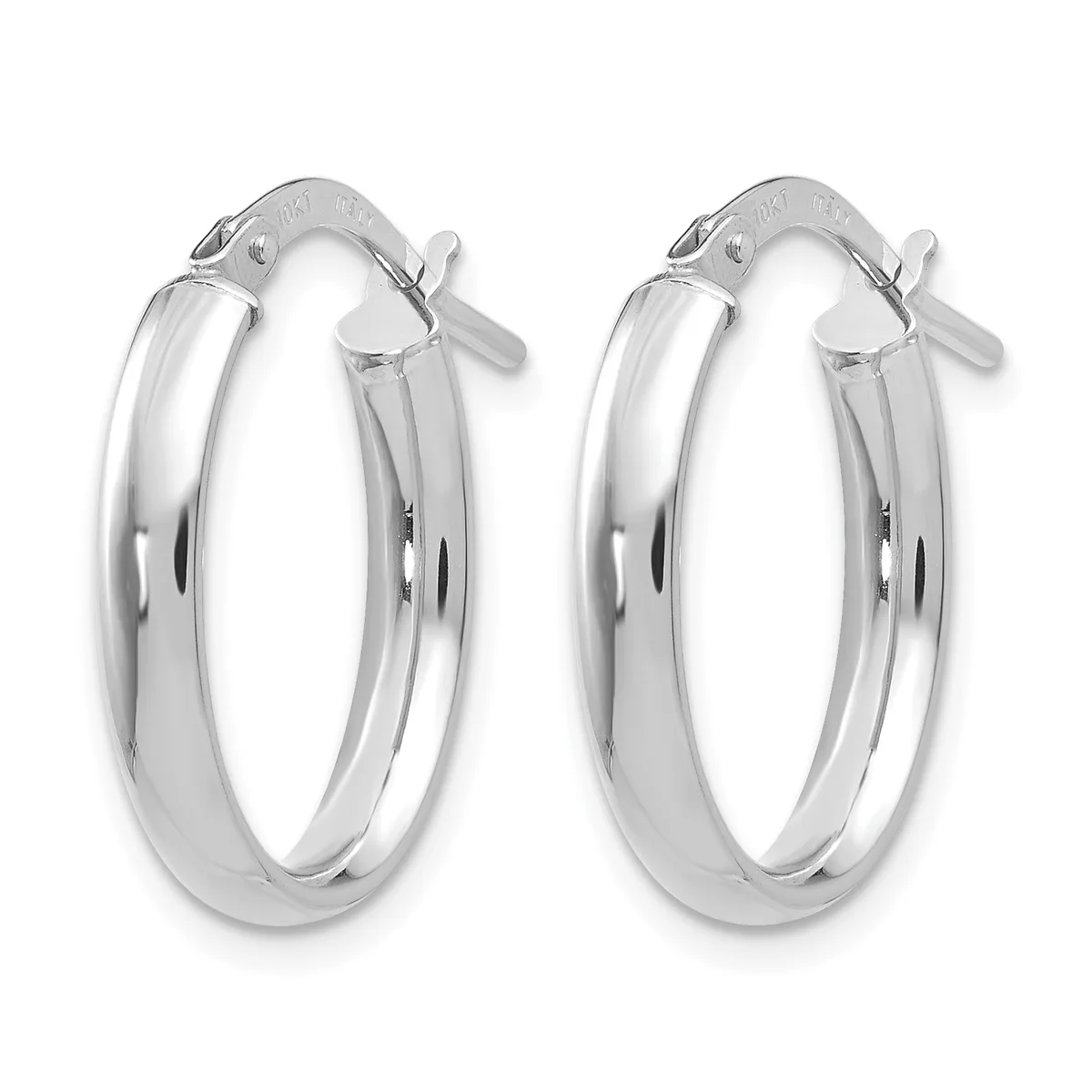 Pair of polished silver hoop earrings with rounded profiles and hinged clasp closures, displayed against a white background.