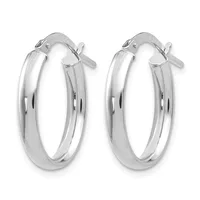 Pair of polished silver hoop earrings with rounded profiles and hinged clasp closures, displayed against a white background.