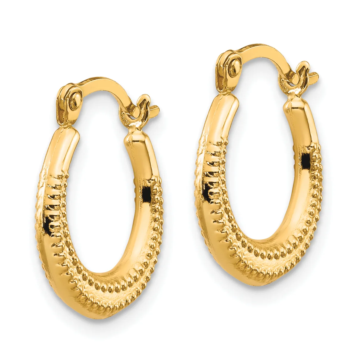 A pair of polished gold hoop earrings with textured beaded detailing along the lower portion and hinged closures at the top.
