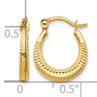 Pair of gold-toned hoop earrings with textured beaded surface detail, shown from front and side views with measurement scale indicating approximately 0.5 inch diameter.