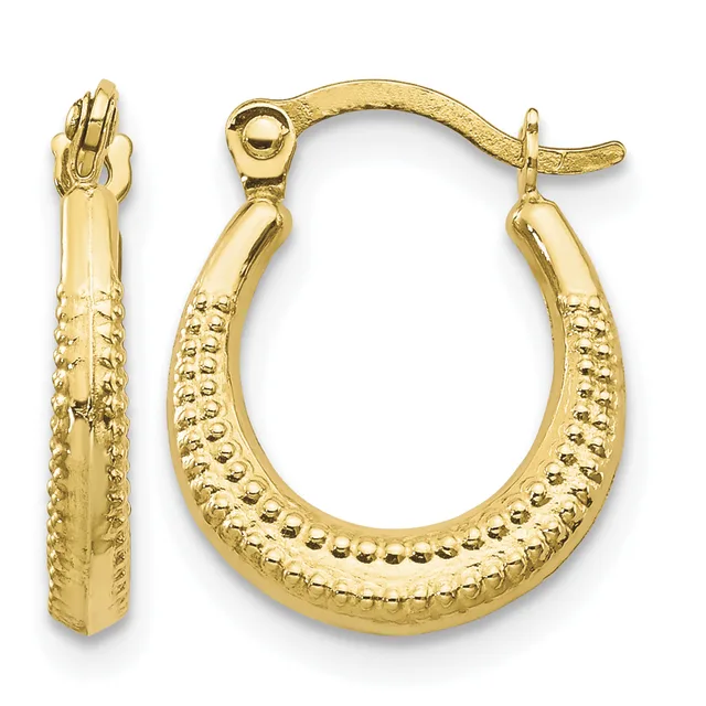 Pair of gold hoop earrings with textured surface and beaded detail along the curved edges, shown from front and side views.